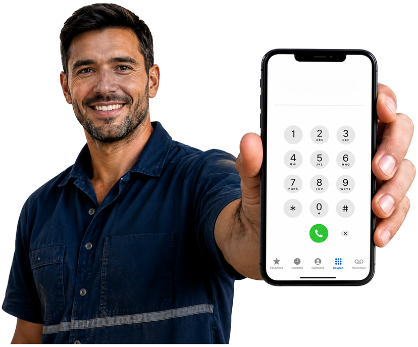Marrickville Blocked Drains plumber holding a phone — call 1300 261 965