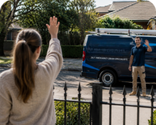 Customer waving goodbye to a Marrickville Blocked Drains plumber